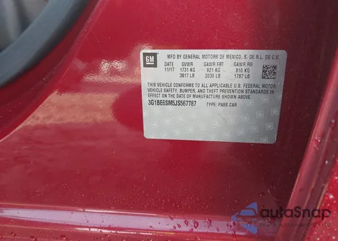 2018 Chevrolet Cruze Lt Auto из США, поврежденный, VIN 3G1BE6SM5JS567787